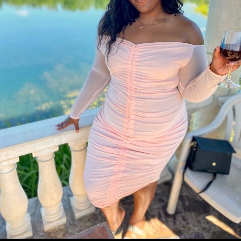 Plus Nude Mesh Ruched Bardot Midi Dress